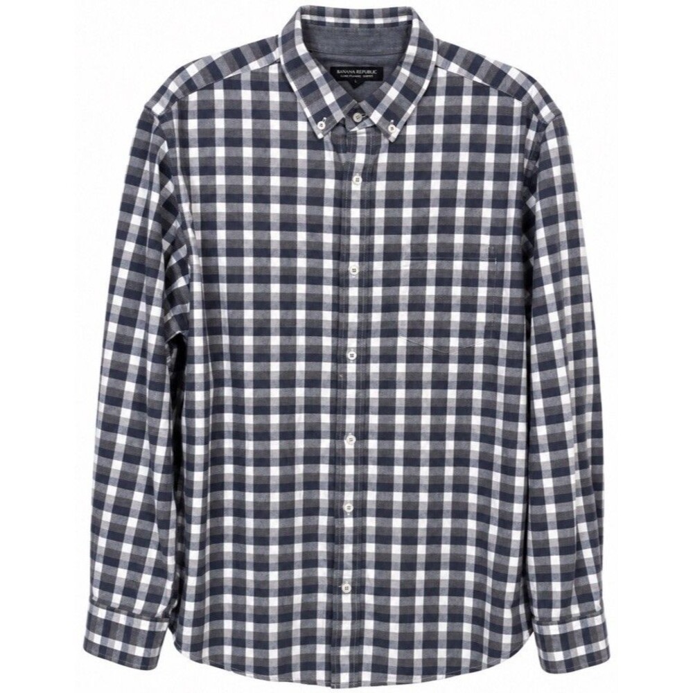 Banana Republic Luxe Flannel Shirt Men’s XL Slim Fit Navy Gray Plaid 100% Cotton
